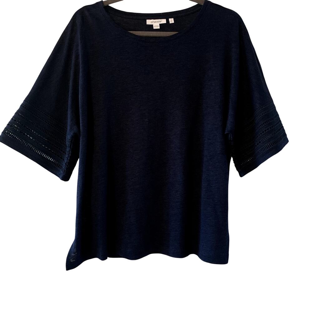 Chico's Linen Decorative Bell Sleeve Navy Top Size L NWOT
